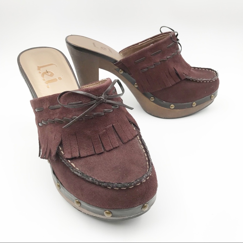 LEI Shoes Womens 8 Anetteco Vintage Y2K Brown Faux Suede Kiltie Fringe Mule Heel